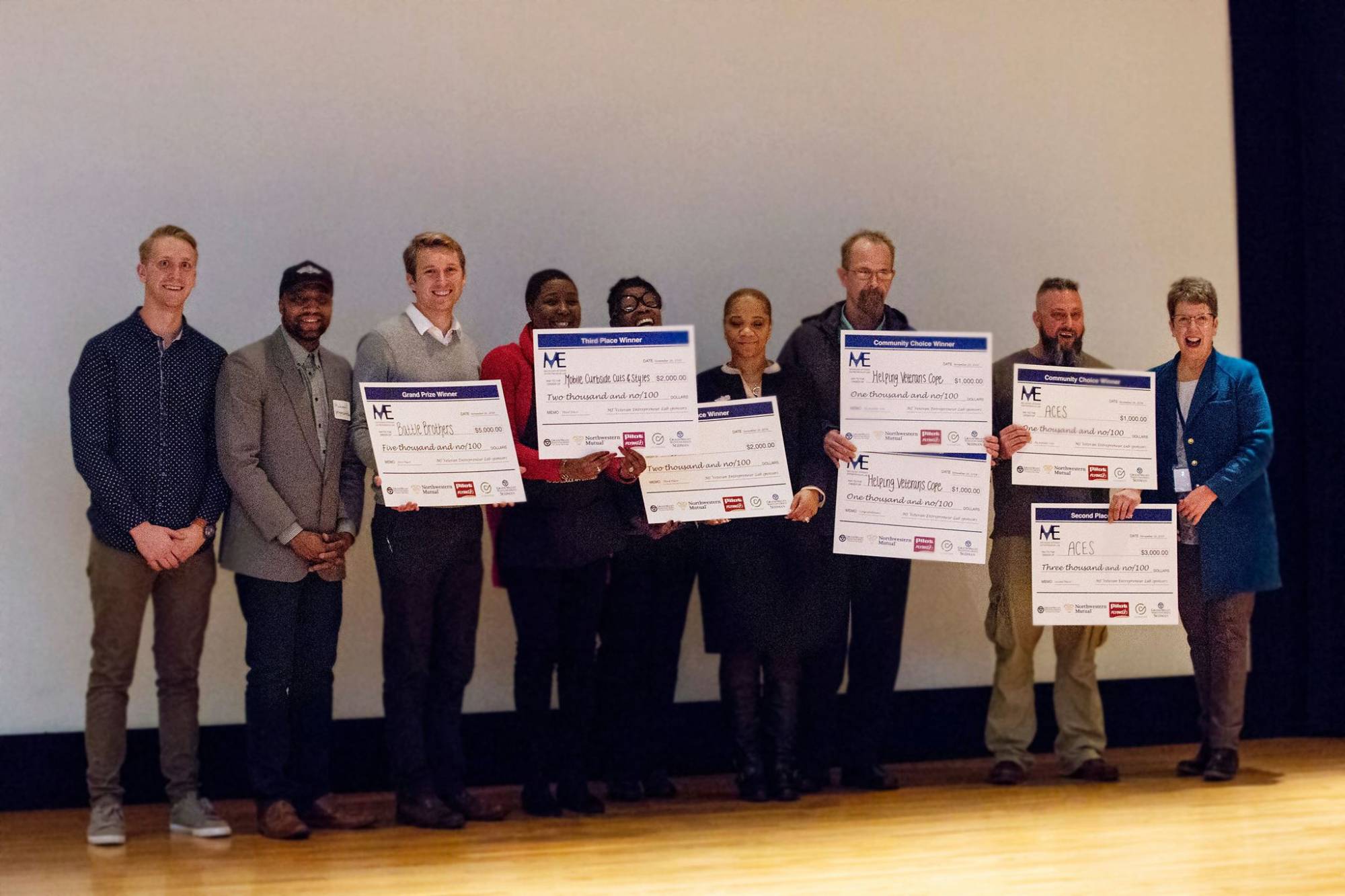 winners of pitch competition holding presentation checks